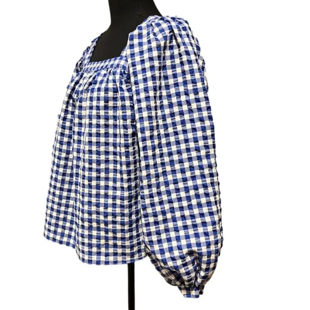 KATE SPADE Blue & White Gingham Square Neck Puff Sleeve Blouse Sz XS